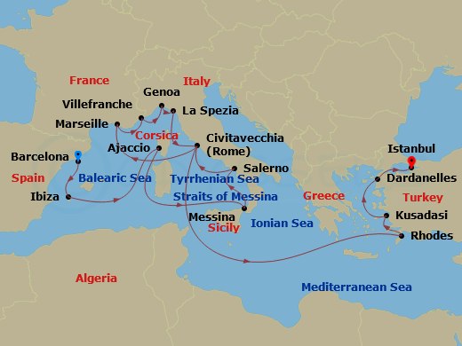 Queen Victoria - 21 Night - Istanbul, Greek Islands and Mediterranean - Queen Victoria - Starting in Barcelona, Spain, Ibiza, Spain, Ajaccio, Corsica, France, Messina Strait,.. itinerary map