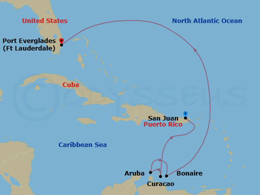 7 Night - Southern Caribbean with Abc Islands - Emerald Princess - Starting in San Juan, Puerto Rico, Curacao, Aruba, Bonaire, Caribbean Netherlands, Fort Lauderdale, Florida itinerary map