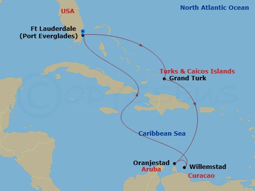 Caribbean Princess - 9 Night - Southern Caribbean with Aruba - Caribbean Princess - Starting in Fort Lauderdale, Florida, Grand Turk, Turks and Caicos, Aruba, Curacao, Fort Lauder.. itinerary map