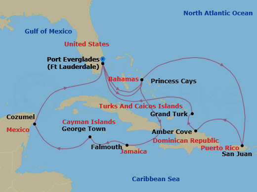 14 Night - Eastern / Western Caribbean Adventurer - Sky Princess - Starting in Fort Lauderdale, Florida, Princess Cays, Bahamas, San Juan, Puerto Rico, Amber Cove, Dominican Republic, Grand Turk, Turks and Caicos, Fort Lauderdale, Florida, Princess Cays, Bahamas, Falmouth, Jamaica, Grand Cayman, Cayman Islands, Cozumel, Mexico, Fort Lauderdale, Florida itinerary map