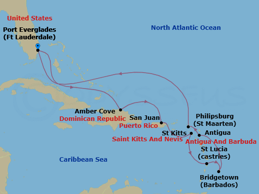 11 Night - Southern Caribbean with Barbados Holiday - Sun Princess - Starting in Fort Lauderdale, Florida, Amber Cove, Dominican Republic, San Juan, Puerto Rico, St Kitts, St Lucia, Barbados, Antigua, St Maarten, Fort Lauderdale, Florida itinerary map