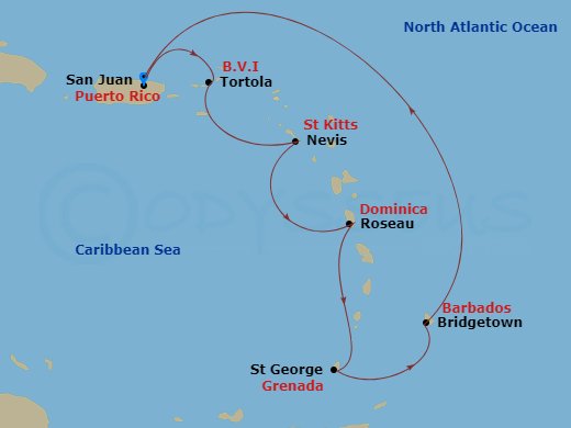 Emerald Princess - 7 Night - Southern Caribbean with Barbados and Tortola - Emerald Princess - Starting in San Juan, Puerto Rico, Tortola, British Virgin Islands, St Kitts, Domi.. itinerary map