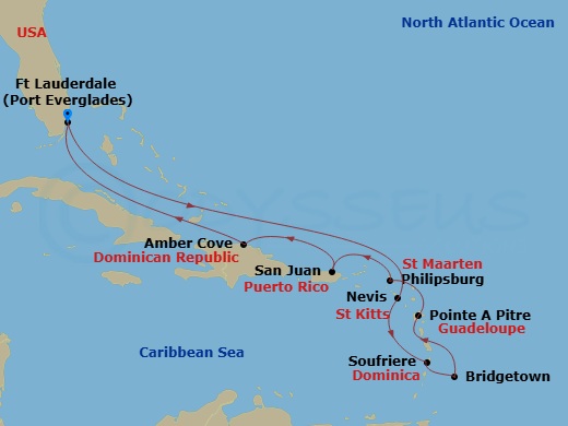 11 Night - Southern Caribbean with Barbados Holiday - Enchanted Princess - Starting in Fort Lauderdale, Florida, St Kitts, Dominica, Barbados, Guadeloupe (Pointe-a-Pitre), St Maarten, San Juan, Puerto Rico, Amber Cove, Dominican Republic, Fort Lauderdale, Florida itinerary map