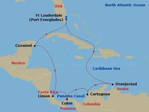 Caribbean Princess - 12 Night - Panama Canal with Costa Rica & Caribbean Holiday - Caribbean Princess - Starting in Fort Lauderdale, Florida, Aruba, Cartagena CO, Panama Canal Par.. itinerary map