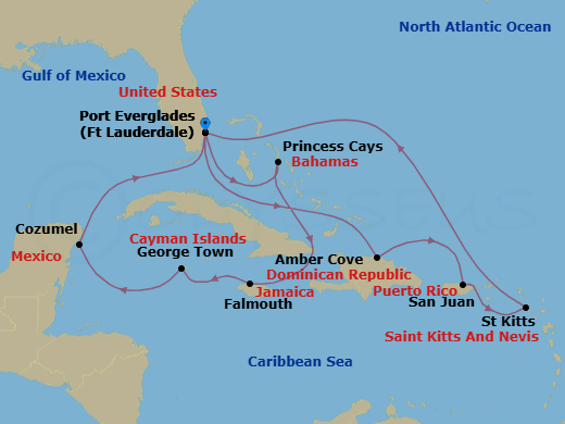 14 Night - Eastern / Western Caribbean Adventurer - Sky Princess - Starting in Fort Lauderdale, Florida, Princess Cays, Bahamas, Falmouth, Jamaica, Grand Cayman, Cayman Islands, Cozumel, Mexico, Fort Lauderdale, Florida, Amber Cove, Dominican Republic, San Juan, Puerto Rico, St Kitts, Fort Lauderdale, Florida itinerary map