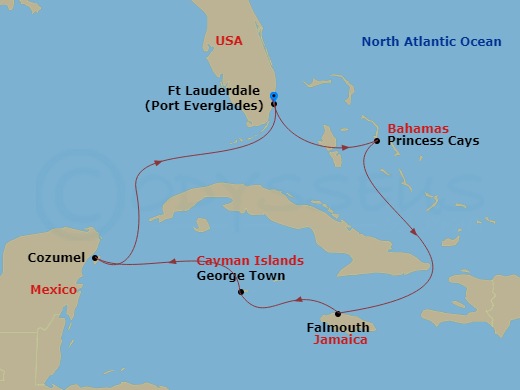 Sky Princess - 7 Night - Western Caribbean with Grand Cayman - Sky Princess - Starting in Fort Lauderdale, Florida, Princess Cays, Bahamas, Falmouth, Jamaica, Grand Cayman,.. itinerary map