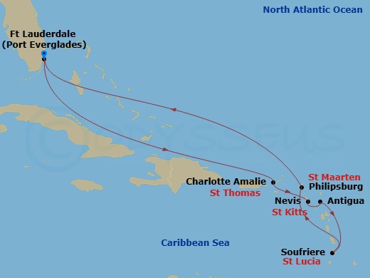 10 Night - Southern Caribbean with St. Lucia - Enchanted Princess - Starting in Fort Lauderdale, Florida, St Thomas, US Virgin Islands, St Kitts, Antigua, St Lucia, St Maarten, Fort Lauderdale, Florida itinerary map