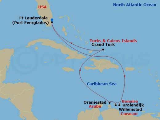 Caribbean Princess - 9 Night - Southern Caribbean with Abc Islands - Caribbean Princess - Starting in Fort Lauderdale, Florida, Bonaire, Caribbean Netherlands, Curacao, Aruba, Gra.. itinerary map