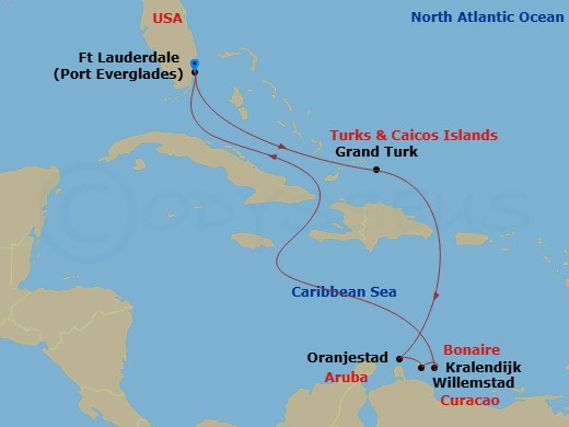 Caribbean Princess - 9 Night - Southern Caribbean with Abc Islands - Caribbean Princess - Starting in Fort Lauderdale, Florida, Grand Turk, Turks and Caicos, Aruba, Curacao, Bonai.. itinerary map