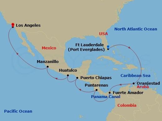 Island Princess - 16 Night - Panama Canal - Ocean to Ocean Holiday - Island Princess - Starting in Fort Lauderdale, Florida, Aruba, Panama Canal Full Transit Historic Locks, Fu.. itinerary map