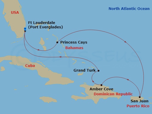 Sky Princess - 7 Night - Eastern Caribbean with Puerto Rico - Sky Princess - Starting in Fort Lauderdale, Florida, Princess Cays, Bahamas, San Juan, Puerto Rico, Amber Cove,.. itinerary map