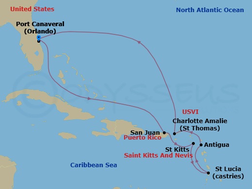 10 Night - Southern Caribbean with St. Lucia - Star Princess - Starting in Port Canaveral (Orlando), Florida, San Juan, Puerto Rico, St Kitts, St Lucia, Antigua, St Thomas, US Virgin Islands, Port Canaveral (Orlando), Florida itinerary map