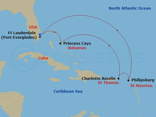 Sun Princess - 7 Night - Eastern Caribbean with St. Thomas - Sun Princess - Starting in Fort Lauderdale, Florida, Princess Cays, Bahamas, St Thomas, US Virgin Islands, St Ma.. itinerary map