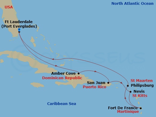 Enchanted Princess - 9 Night - Southern Caribbean with Martinique - Enchanted Princess - Starting in Fort Lauderdale, Florida, Amber Cove, Dominican Republic, San Juan, Puerto Ric.. itinerary map