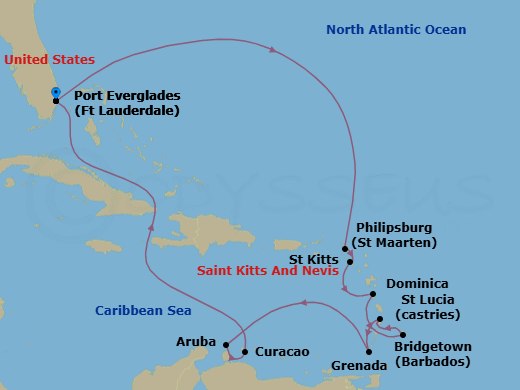14 Night - Circle Caribbean - Island Princess - Starting in Fort Lauderdale, Florida, St Maarten, St Kitts, Dominica, Barbados, St Lucia, Grenada, Aruba, Curacao, Fort Lauderdale, Florida itinerary map