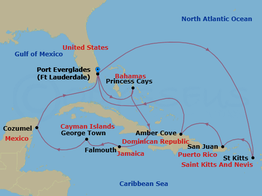 14 Night - Eastern / Western Caribbean Adventurer - Sky Princess - Starting in Fort Lauderdale, Florida, Princess Cays, Bahamas, Falmouth, Jamaica, Grand Cayman, Cayman Islands, Cozumel, Mexico, Fort Lauderdale, Florida, St Kitts, San Juan, Puerto Rico, Amber Cove, Dominican Republic, Fort Lauderdale, Florida itinerary map