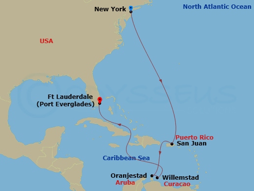 Coral Princess - 10 Night - Southern Caribbean Islander - Coral Princess - Starting in New York City (Manhattan or Brooklyn), New York, San Juan, Puerto Rico, Aruba, Curacao,.. itinerary map