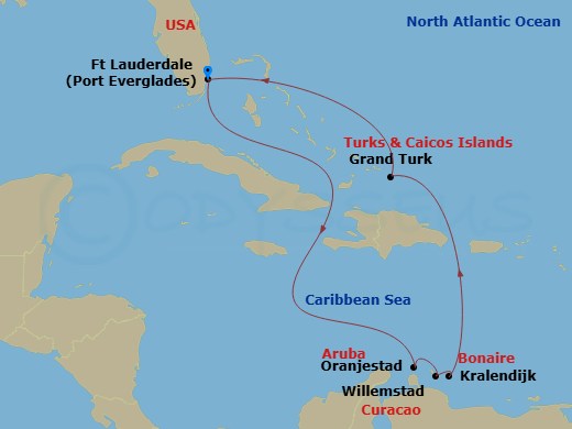 Caribbean Princess - 9 Night - Southern Caribbean with Abc Islands Holiday - Caribbean Princess - Starting in Fort Lauderdale, Florida, Aruba, Curacao, Bonaire, Caribbean Netherla.. itinerary map