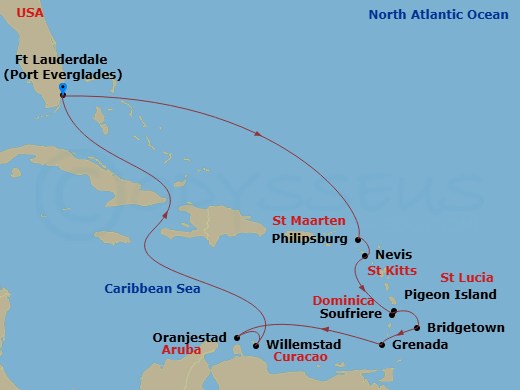 Island Princess - 14 Night - Circle Caribbean Holiday - Island Princess - Starting in Fort Lauderdale, Florida, St Maarten, St Kitts, Dominica, St Lucia, Barbados, Grenada, Aru.. itinerary map