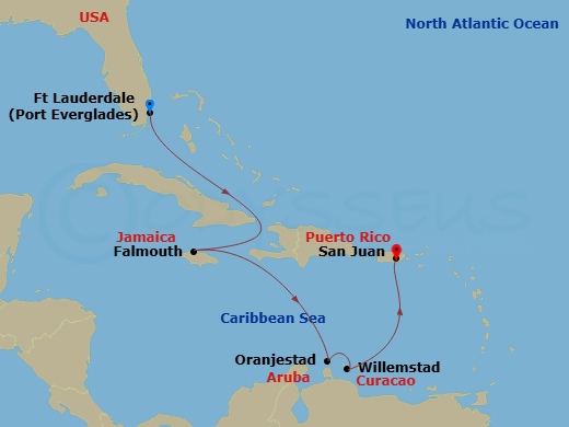 7 Night - Southern Caribbean with Curacao - Emerald Princess - Starting in Fort Lauderdale, Florida, Falmouth, Jamaica, Aruba, Curacao, San Juan, Puerto Rico itinerary map