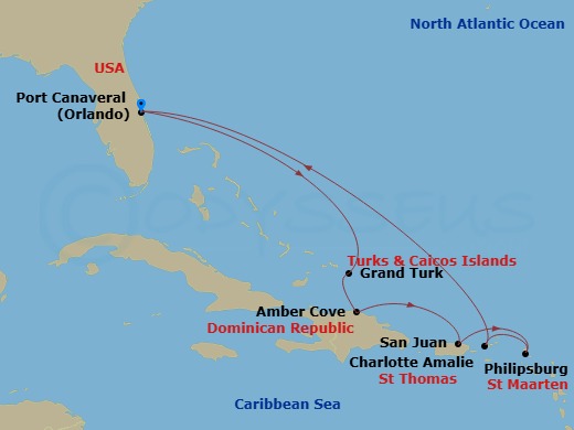 Star Princess - 9 Night - Eastern Caribbean with St. Thomas - Star Princess - Starting in Port Canaveral (Orlando), Florida, Grand Turk, Turks and Caicos, Amber Cove, Dominic.. itinerary map
