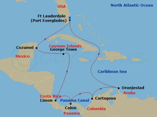 Caribbean Princess - 12 Night - Panama Canal with Costa Rica & Caribbean - Caribbean Princess - Starting in Fort Lauderdale, Florida, Aruba, Cartagena CO, Panama Canal Partial Tra.. itinerary map