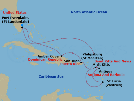 10 Night - Southern Caribbean with St. Lucia - Enchanted Princess - Starting in Fort Lauderdale, Florida, Amber Cove, Dominican Republic, San Juan, Puerto Rico, St Kitts, Antigua, St Lucia, St Maarten, Fort Lauderdale, Florida itinerary map