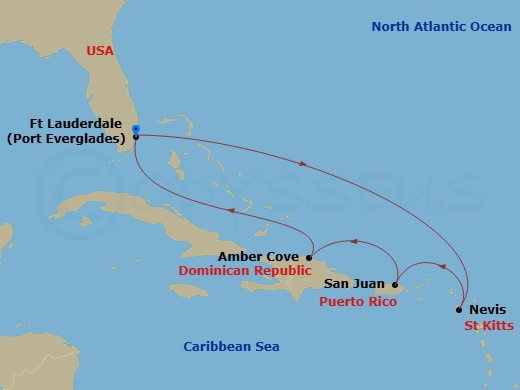 7 Night - Eastern Caribbean with St. Kitts - Sky Princess - Starting in Fort Lauderdale, Florida, St Kitts, San Juan, Puerto Rico, Amber Cove, Dominican Republic, Fort Lauderdale, Florida itinerary map