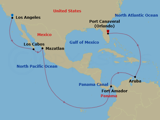16 Night - Panama Canal - Ocean to Ocean - Star Princess - Starting in Los Angeles, California, Cabo San Lucas, Mexico, Mazatlan, Mexico, Fuerte Amador, Panama (for Panama City), Panama Canal Full Transit New Locks, Aruba, Port Canaveral (Orlando), Florida itinerary map