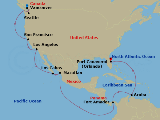 23 Night - Panama Canal & Pacific Coast - Star Princess - Starting in Vancouver, Canada, Seattle, Washington, San Francisco, California, Los Angeles, California, Cabo San Lucas, Mexico, Mazatlan, Mexico, Fuerte Amador, Panama (for Panama City), Panama Canal Full Transit New Locks, Aruba, Port Canaveral (Orlando), Florida itinerary map