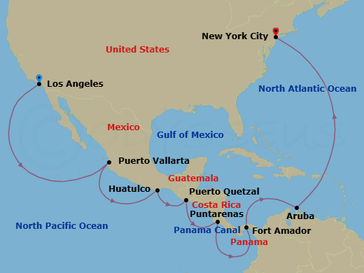 18 Night - Panama Canal - Ocean to Ocean - Coral Princess - Starting in Los Angeles, California, Puerto Vallarta, Mexico, Huatulco, Mexico, Puerto Quetzal, Guatemala, Puntarenas, Costa Rica, Fuerte Amador, Panama (for Panama City), Panama Canal Full Transit Historic Locks, Aruba, New York City (Manhattan or Brooklyn), New York itinerary map