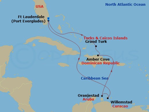 Caribbean Princess - 9 Night - Southern Caribbean with Aruba - Caribbean Princess - Starting in Fort Lauderdale, Florida, Curacao, Aruba, Amber Cove, Dominican Republic, Grand Tur.. itinerary map