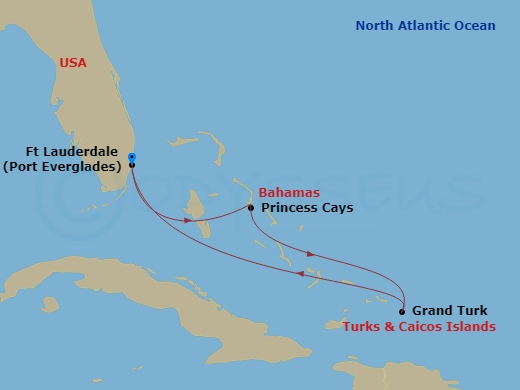 Enchanted Princess - 5 Night - Caribbean Getaway with Grand Turk - Enchanted Princess - Starting in Fort Lauderdale, Florida, Princess Cays, Bahamas, Grand Turk, Turks and Caicos,.. itinerary map