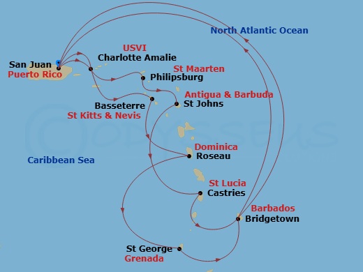 Emerald Princess - 14 Night - Southern Caribbean Adventurer - Emerald Princess - Starting in San Juan, Puerto Rico, St Thomas, US Virgin Islands, St Kitts, Dominica, Grenada, Ba.. itinerary map