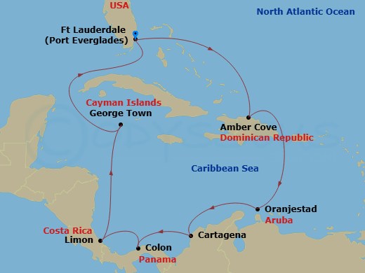 Caribbean Princess - 12 Night - Southern Caribbean with Panama - Caribbean Princess - Starting in Fort Lauderdale, Florida, Amber Cove, Dominican Republic, Aruba, Cartagena CO, Co.. itinerary map