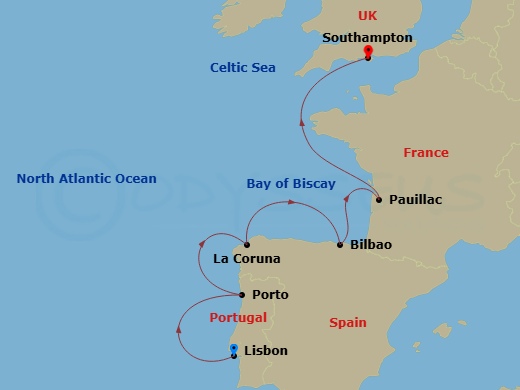 EXPLORA V - 7 Night - A Journey of Vineyards, Culture & Atlantic Shore - EXPLORA V - Starting in Lisbon, Porto (Leixoes), La Coruna (a Coruna), Bilbao, Pauillac, Southamp.. itinerary map