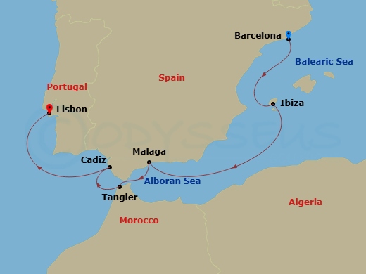 EXPLORA V - 7 Night - A Journey of Moorish Majesty & Iberian Light - EXPLORA V - Starting in Barcelona, Ibiza, Malaga, Spain, Tangier, Cadiz, Lisbon itinerary map