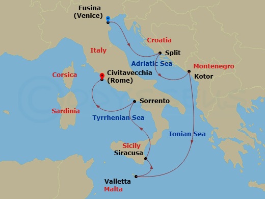 EXPLORA V - 7 Night - A Journey of Adriatic Shores & Mediterranean Legends - EXPLORA V - Starting in Fusina (Venice), Split, Kotor, La Valletta, Siracusa (Sicily), Sorren.. itinerary map