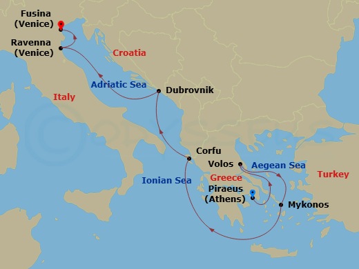EXPLORA V - 7 Night - A Journey Through Ancient Stories, Isles & Eternal Seas - EXPLORA V - Starting in Piraeus (Athens), Volos, Mykonos, Corfu, Dubrovnik, Croatia, Raven.. itinerary map