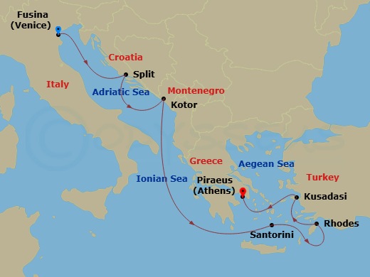 EXPLORA V - 7 Night - A Journey of Empires, Myths & Seas - EXPLORA V - Starting in Fusina (Venice), Split, Kotor, Santorini, Rhodes, Kusadasi, Piraeus (Athens) itinerary map