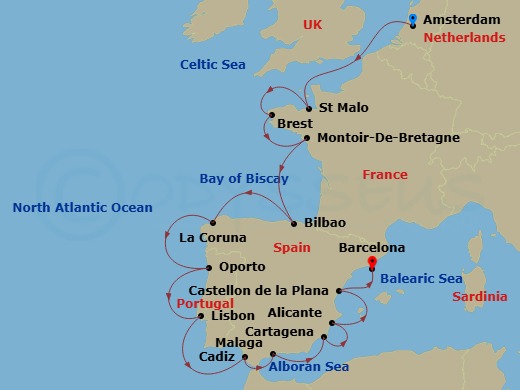 18 Night - Baltic & Northern Europe - Crystal Serenity - Starting in Ijmuiden (Amsterdam), Saint Malo (Brittany), Brest, Montoir de Bretagne, Bilbao, A Coruna, Oporto (Leixoes), Lisbon, Cadiz, Malaga (Costa del Sol), Cartagena ES, Spain, Alicante, Castellon, Barcelona itinerary map