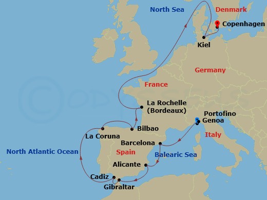 13 Night - Northern Europe - MSC Euribia - Starting in Genoa (Portofino), Italy, Barcelona, Spain, Alicante, Spain, Gibraltar, Cadiz (Seville), Spain, La Coruna (Santiago De Compostela), Spain, Bilbao, La Rochelle, France, Kiel, Germany, Copenhagen, Denmark itinerary map