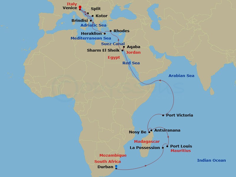 MSC Armonia - 31 Night - Msc Grand Voyages - MSC Armonia - Starting in Durban, South Africa, La Possession, Reunion, Port Louis, Mauritius, Antsiranana (Diego Suarez), Mada.. itinerary map