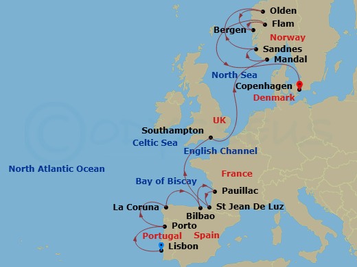 EXPLORA III - 15 Night - An Extended Journey from Vineyard Valleys to Fjord-Kissed Peaks - EXPLORA III - Starting in Lisbon, Porto (Leixoes), La Coruna (a Coruna), Bilbao,.. itinerary map