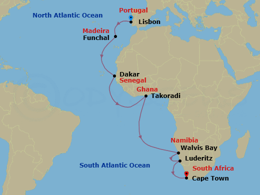 20 Night - Lisbon to Cape Town - Silver Muse - Starting in Lisbon, Funchal, Madeira, Dakar, Takoradi, Walvis Bay, Luderitz, Cape Town itinerary map