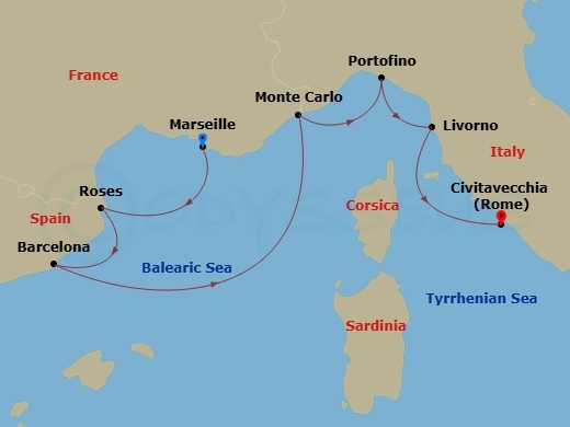8 Night - Europe & Mediterranean - Crystal Serenity - Starting in Marseille, Roses, Barcelona, Monte Carlo, Portofino, Livorno (Tuscany), Civitavecchia (Rome) itinerary map