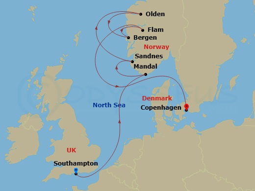 8 Night - A Journey of Enchanting Canals & Nordic Delights - EXPLORA III - Starting in Southampton, Mandal, Sandnes, Olden, Bergen, Flam, Norway, Copenhagen itinerary map
