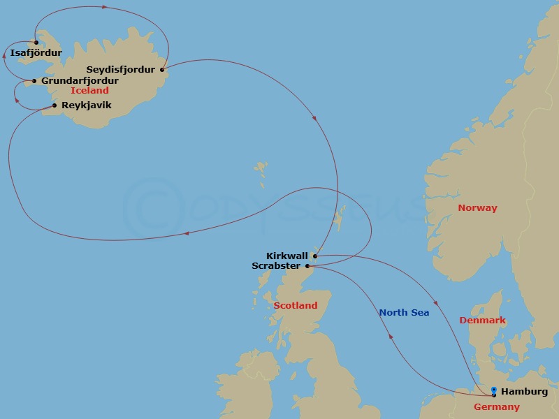 Costa Favolosa - 12 Night - North Europe from Hamburg - Costa Favolosa - Starting in Hamburg, Scrabster, Reykjavik, Grundafjord, Iceland, Isafjord, Iceland, Seydhisfjords, Kir.. itinerary map