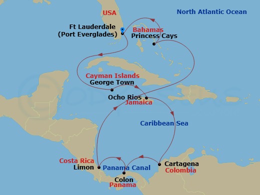 Caribbean Princess - 12 Night - Caribbean with Costa Rica & Panama Canal - Caribbean Princess - Starting in Fort Lauderdale, Florida, Grand Cayman, Cayman Islands, Ocho Rios, Jama.. itinerary map