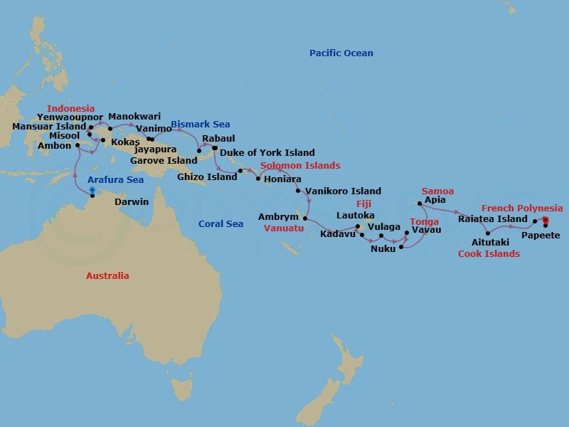 35 Night - Indonesia, New Guinea & Cultures of Oceania - Seabourn Pursuit - Starting in Darwin, Australia, Ambon, Indonesia, Kokas, Indonesia, Misool, Yapap Lagoon, Indonesia, Yenwapunor, Gam Island, Indonesia, Mansuar Island, Indonesia, Manokwari, Indonesia, Cenderawasih Bay, Indonesia, Jayapura, Indonesia, Vanimo, Papua New Guinea, Garove Island, Papua New Guinea, Duke of York Island, Papua New Guinea, Rabaul, Papua New Guinea, Ghizo Island, Solomon Islands, Honiara, Guadalcanal, Solomon Islands, Vanikoro, Solomon Islands, Ambrym, Vanuatu, Lautoka, Fiji, Kadavu, Fiji, Vulaga, Fiji, Vavau, Tonga, Nukupule Island, Haapai Group, Tonga, Apia, Upolu, Samoa, Cross International Dateline, Aitutaki, Cook Islands, Raiatea, Society Islands, French Polynesia, Maroe Bay, Huahine Iti, French Polynesia, Papeete, French Polynesia itinerary map
